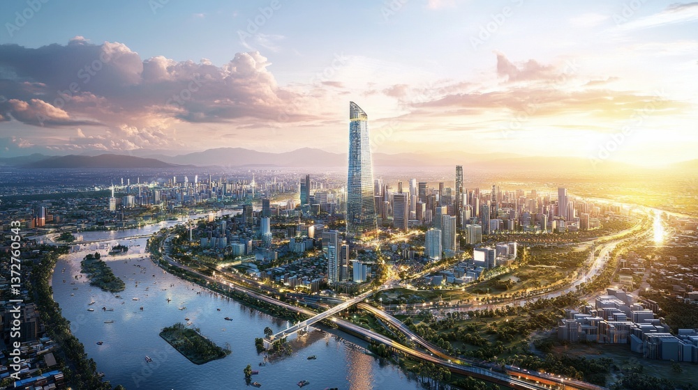 Obraz premium Urban skyline development modern city aerial photography vibrant environment sunset view urban growth concept