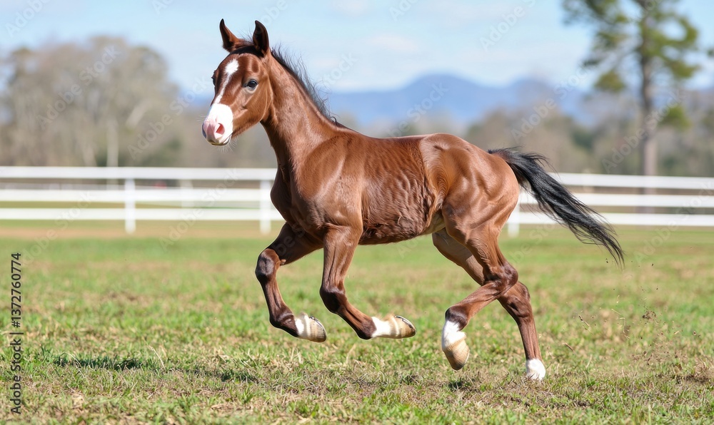 Chestnut foal running in a grassy paddock with white fence Chestnut foal running in a grassy paddock with white fence