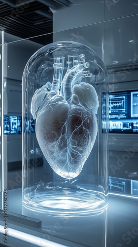 A white-silver human heart, in a glass flask sits at the center of an ultra-modern biolab.