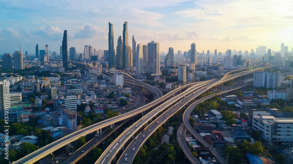 Fototapeta premium Urban traffic flow at sunset bangkok aerial view cityscape modern architecture