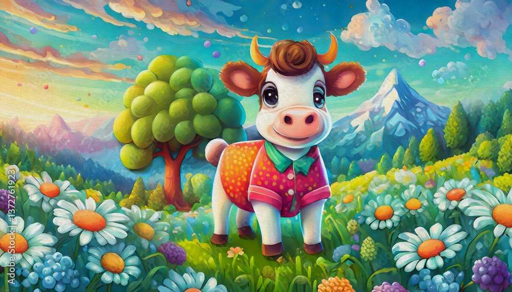 Fototapeta premium OIL PAINTING STYLE CHARTOON CHARACTER ILLUSTRATION CUTE baby cow in red shirt is cutting tree.