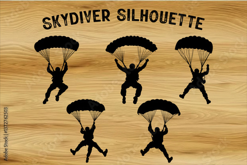 Skydiver with Open Parachute Silhouette Bundle. Skydiving Silhouette Vector set.