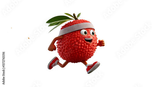 Cartoon lychee with sweatband around its forehead running a marathon in the transparent white background, PNG Image.