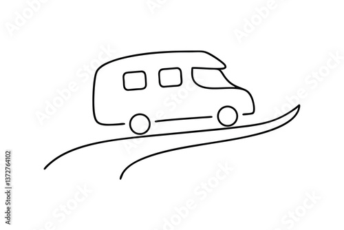 Simple Line Drawing of Camper Van on Winding Road Trip