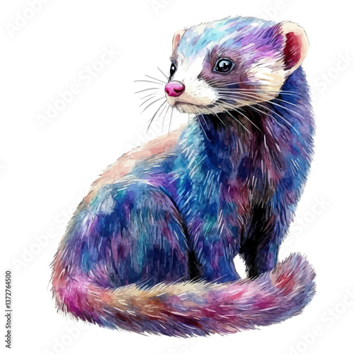 A watercolor vector of a ferret, isolated on a white background. Ferret vector.

