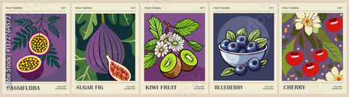 Set of Fruit market retro posters with passion fruit, fig, blueberry, cherry, kiwi fruits. Kitchen wall art. Colorful vector illustrations