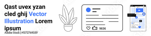 Text content, plant in pot, social media post with thumbs ups and comments, smartphone interface. Ideal for digital marketing, content creation, communication, app design, branding engagement