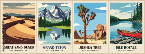Collection of retro posters featuring various national parks. Great Sand Dunes, Joshua tree, Isle Royale, Grand Teton landscape prints. Vector colorful art illustrations