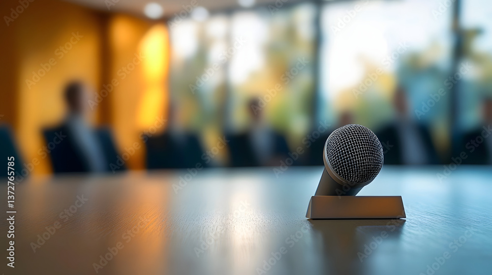 Obraz premium Close Up of a Microphone on a Conference Table in a Meeting Room&nbsp;