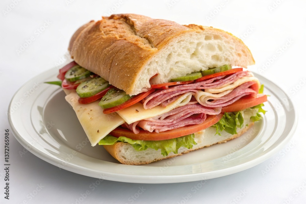 Freshly Made Sub Sandwich with Layers of Deli Meats, Cheese, and Fresh Vegetables Freshly Made Sub Sandwich with Layers of Deli Meats, Cheese, and Fresh Vegetables