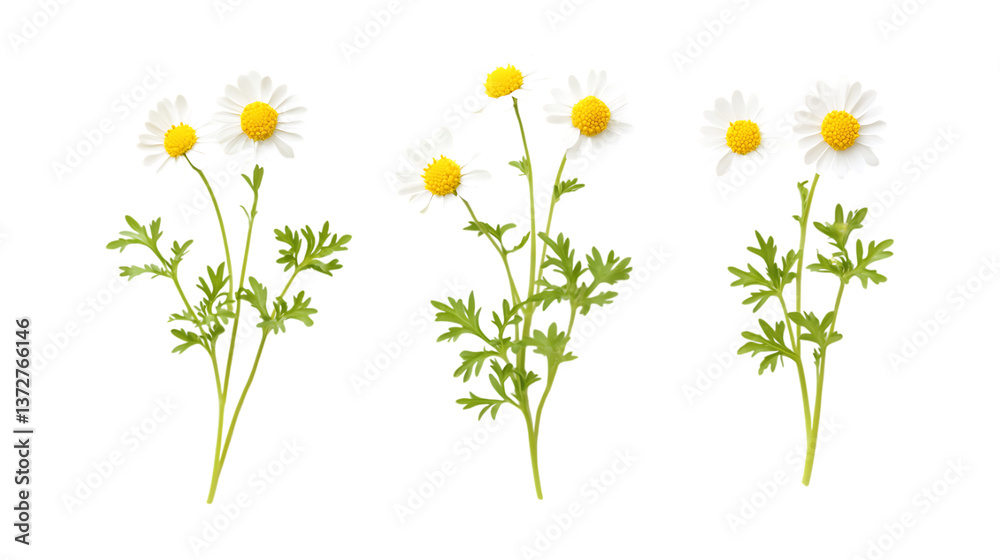 Fototapeta premium Feverfew Set in Three Different Poses on Transparent Background for Medicinal Herbs, Natural Remedies, or Floral Illustrations