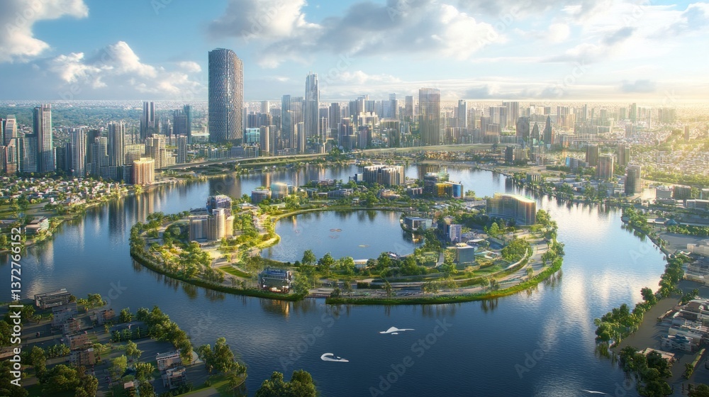 Naklejka premium Urban landscape development city waterfront aerial view modern architecture vibrant environment eco-friendly concept