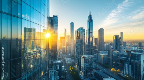 Distant view, overhead shot, cool colors, futuristic city skyline, tall buildings with glass facades, early morning sunlight reflection 
