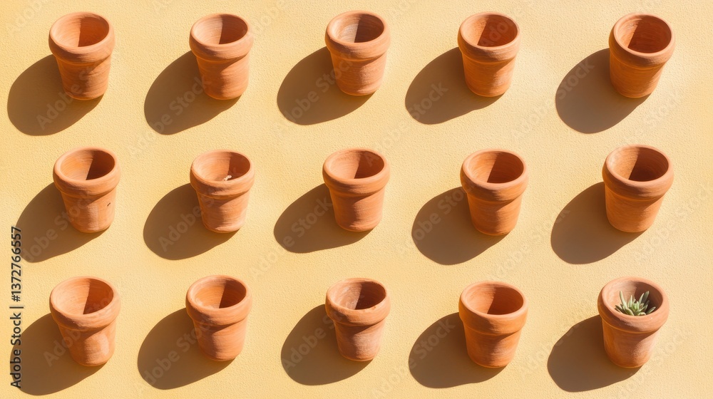 Obraz premium A collection of tiny clay pots arranged artistically on a warm yellow ochre background.