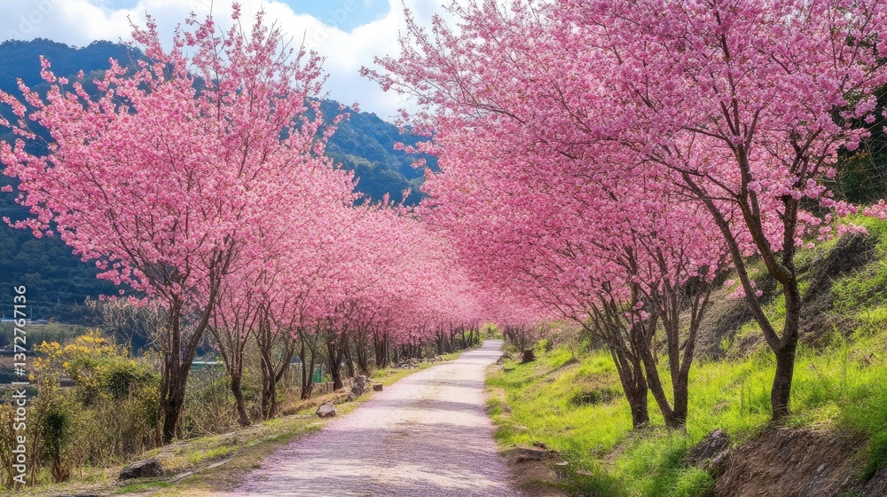 A countryside path with blooming cherry blossom trees creating a pink canopy overhead. A countryside path with blooming cherry blossom trees creating a pink canopy overhead.