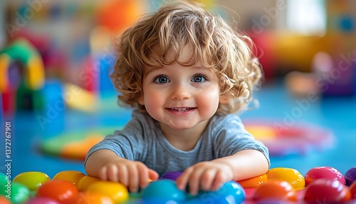 A smiling toddler with bright eyes and curly blonde hair
