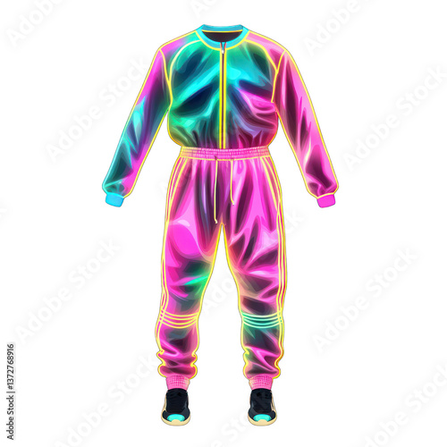 Realistic, Classic 1980s neon-patterned tracksuit textile illustration, authentic retro design, isolated transparent background.