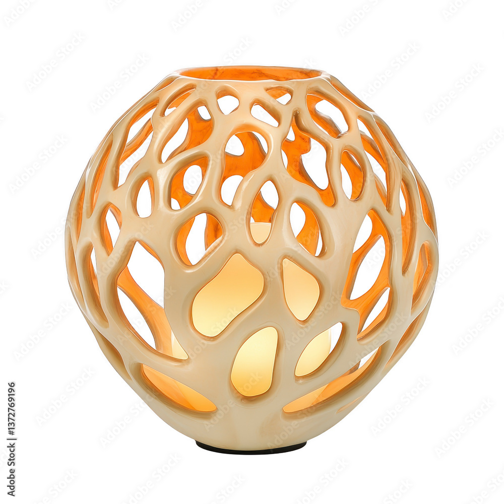 A decorative ceramic candle holder with intricate, openwork design casts warm, ambient glow. spherical shape and organic pattern create cozy atmosphere, perfect for home decor A decorative ceramic candle holder with intricate, openwork design casts warm, ambient glow. spherical shape and organic pattern create cozy atmosphere, perfect for home decor
