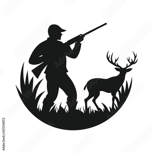 Black silhouette hunter with rifle and shotgun weapon vector