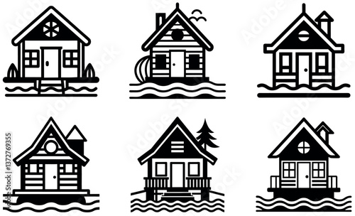 A set of six simple, black and white icons depicting charming waterfront cabins on stilts.