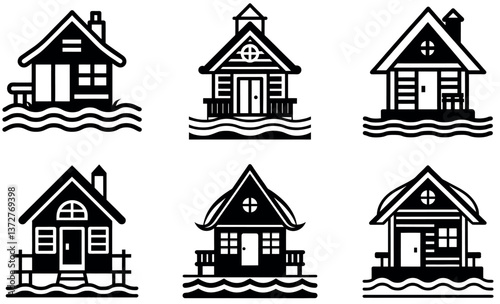 A set of six simple, black and white icons depicting charming waterfront cabins on stilts.
