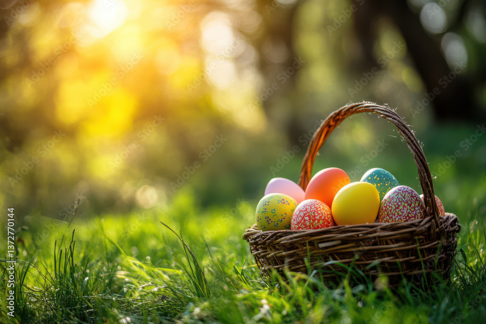An easter basket full of colorful eggs. Easter egg hunt background An easter basket full of colorful eggs. Easter egg hunt background