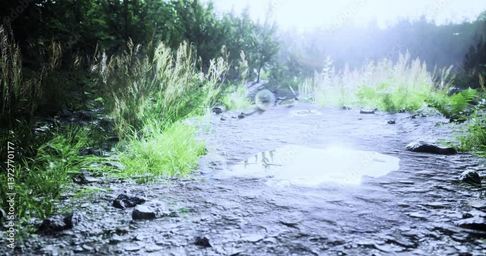 A tranquil outdoor path covered in water, surrounded by lush green grasses. Sunlight filters through tree branches, creating a serene atmosphere. The air feels fresh and alive. A tranquil outdoor path covered in water, surrounded by lush green grasses. Sunlight filters through tree branches, creating a serene atmosphere. The air feels fresh and alive.