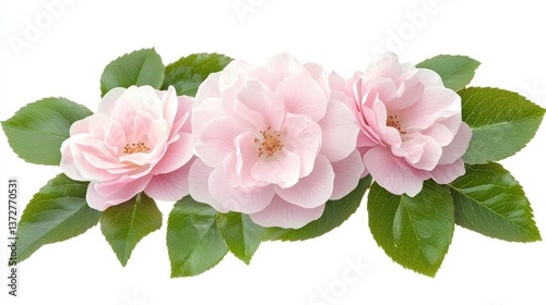 Delicate Pink Camellia Blossoms Isolated on White Background. Possible Use Floral Design, Greeting Card, or Web Background