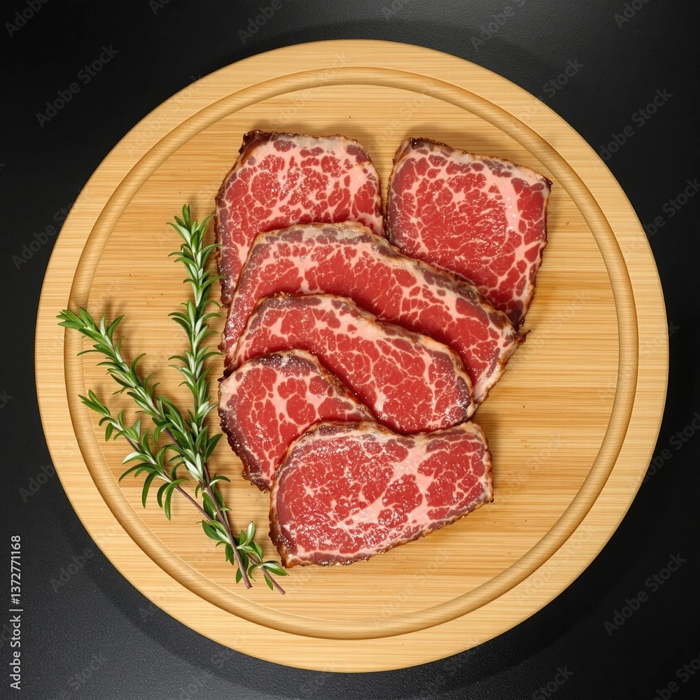 Fototapeta premium A piece of meat with a bunch of herbs on top of it