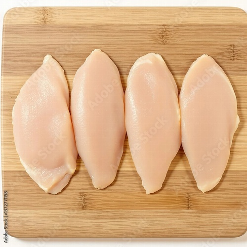 Four pieces of chicken are sitting on a wooden cutting board