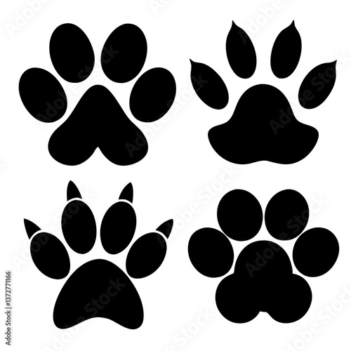 Paw Prints Symphony: A collection of four distinct animal paw prints, each a bold black silhouette, presented in a playful arrangement.