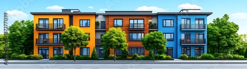 Colorful townhouses with sunny street.