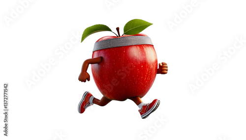 Cartoon apple with sweatband around its forehead running a marathon in the white transparent background, PNG Format.
