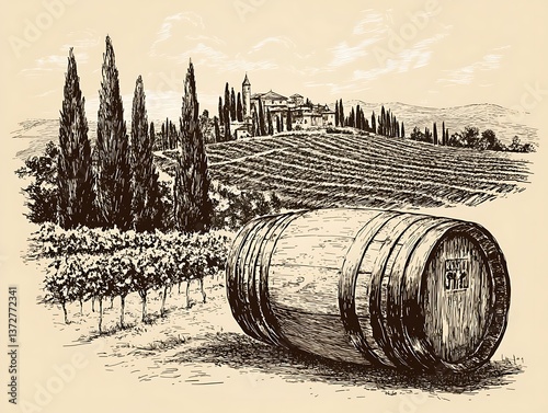 A detailed drawing of vineyards and a wine barrel