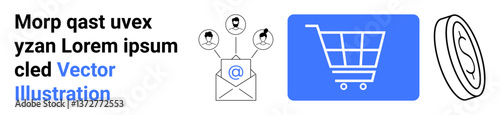 Email marketing with recipient avatars, e-commerce shopping cart, and a coin illustration. Ideal for e-commerce, email marketing, advertising, sales strategy, business development, m-commerce simple