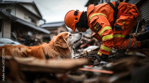 Rescue operation highlighting dog and handler disaster area photo urban environment close-up compassionate bond
