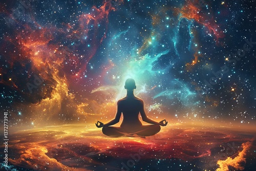 Female yoga figure against universe background with Supernova explosion.