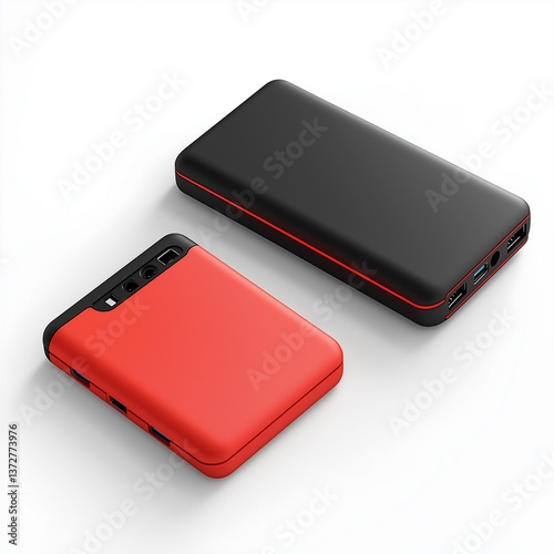 Red and black portable power banks with USB ports
