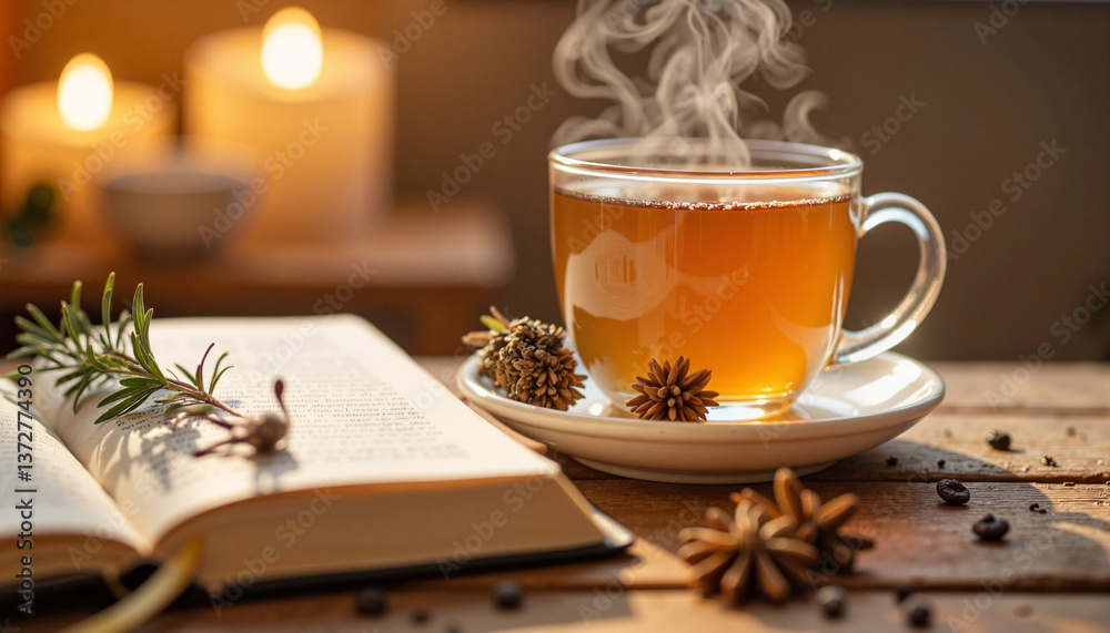 Fototapeta premium Calming herbal tea beside journal on wooden table, self-care moment