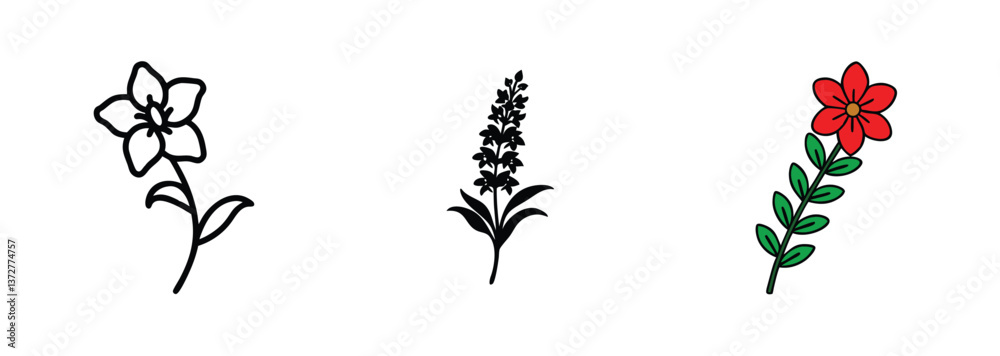 Naklejka premium Floral Designs Simple Lily, Lavender, and Red Flower Illustrations