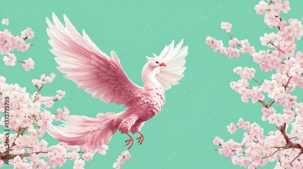 Fototapeta premium A pink bird flying gracefully amongst blossoming cherry trees