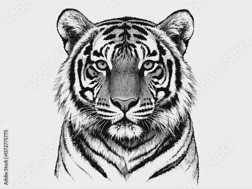 Stripes of Power Bengal Tiger line art drawing of lion Laugh ink sketch vector hand drawn illustration background