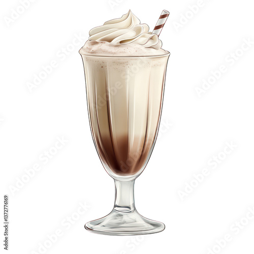 Realistic, Classic diner-style milkshake served in tall glass illustration, vintage design, isolated transparent background.