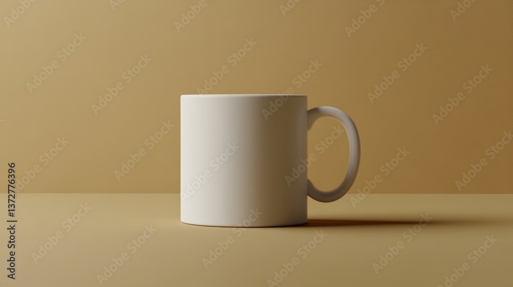 A minimalist white ceramic mug positioned on a warm beige background. A minimalist white ceramic mug positioned on a warm beige background.