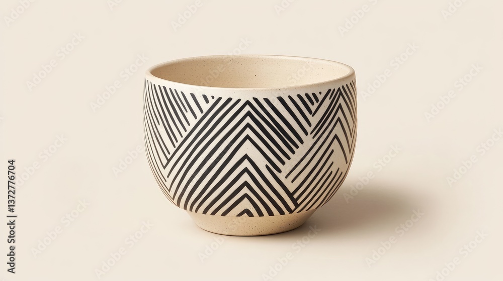 A modern ceramic cup with geometric patterns resting on a golden cream-colored background. A modern ceramic cup with geometric patterns resting on a golden cream-colored background.