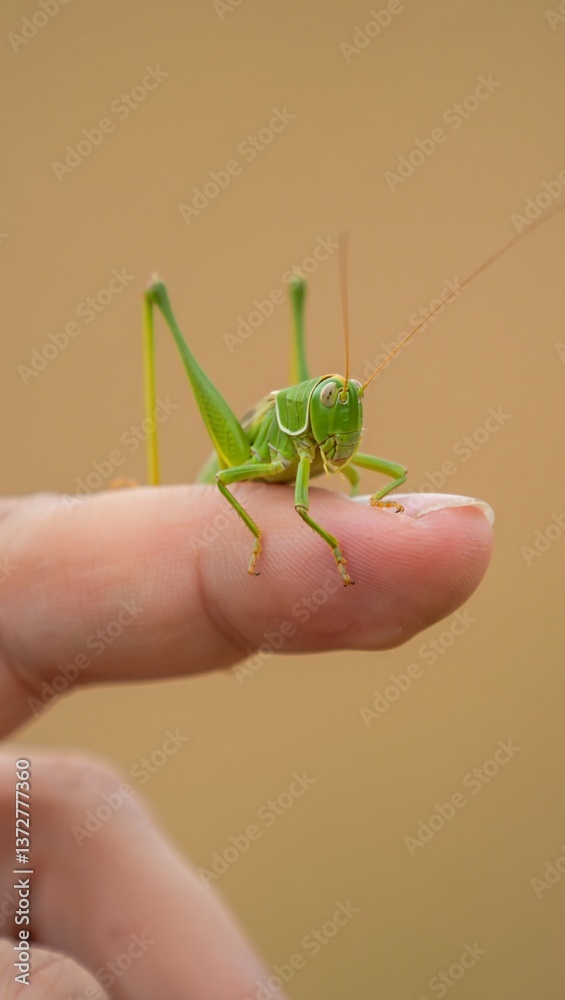 Fototapeta premium Green Grasshopper Resting on Fingertip in Nature. Generated AI