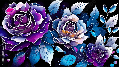 Floral background with frozen blue and purple rose flowers on black