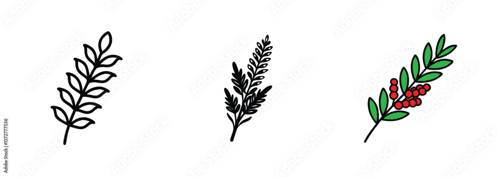Obraz premium Three Stylized Floral Branch Designs Black, Silhouette, Berries