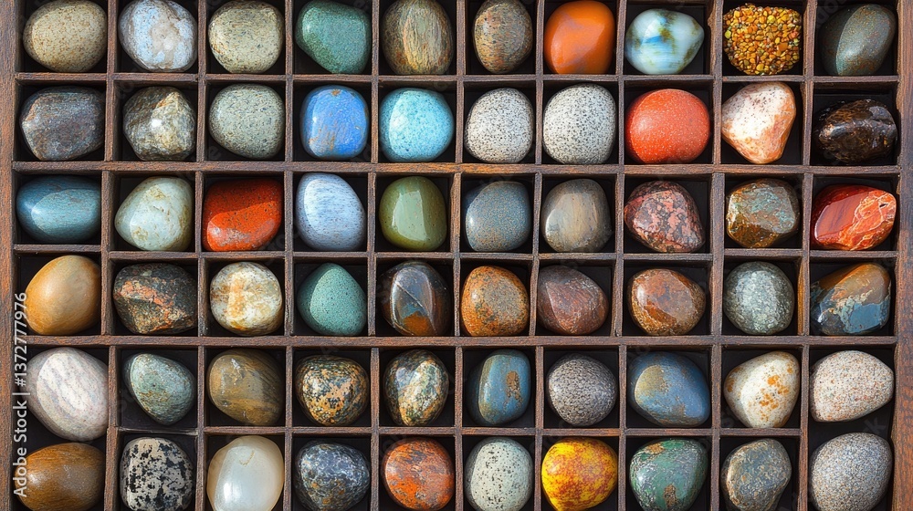 A neat display of multi-colored stones arranged in a square box, each stone reflecting a unique color. A neat display of multi-colored stones arranged in a square box, each stone reflecting a unique color.
