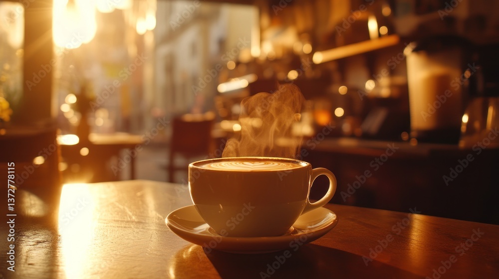 Steaming Latte Art Coffee Cup on Wooden Table with Blurred Cafe Background Steaming Latte Art Coffee Cup on Wooden Table with Blurred Cafe Background